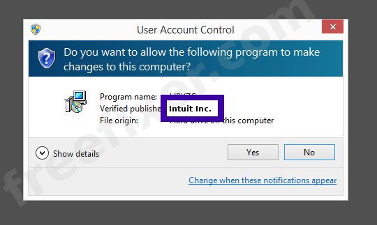 Screenshot where Intuit Inc. appears as the verified publisher in the UAC dialog
